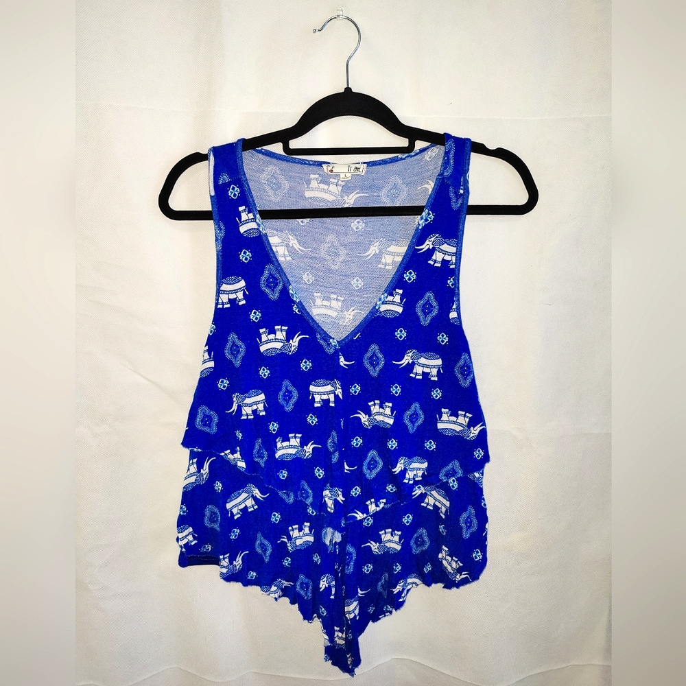 Royal Blue Elephant Crop Top Layered V Neck Tank